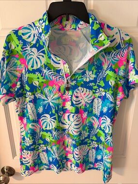 TZU TZU Sport Bella Short Sleeve Golf Shirt Quarter Zip Monstera Palm Floral XL